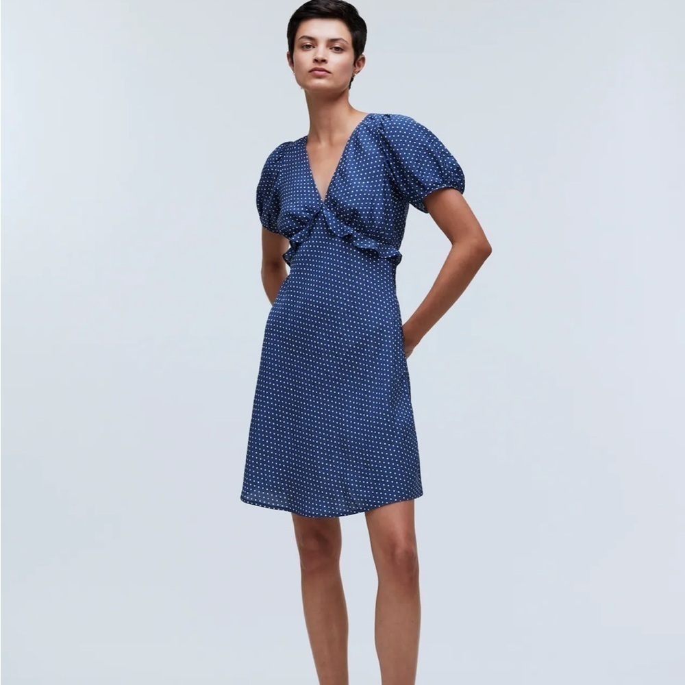 Madewell Puff-Sleeve Ruffle Mini Dress in Polka Dot